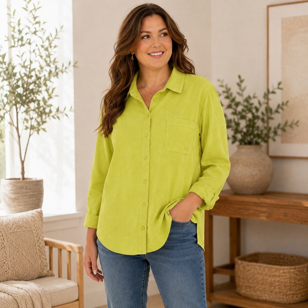 Drapers & Damons Soft Lime Green Faux Suede Button Down Shirt Plus Size 1X